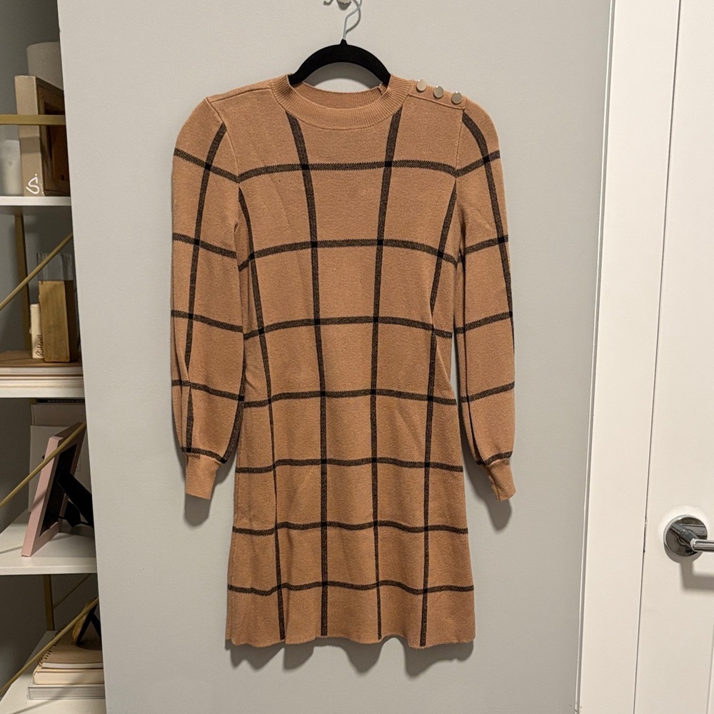 Ann Taylor Tan Windowpane Knit Long Sleeve Dress